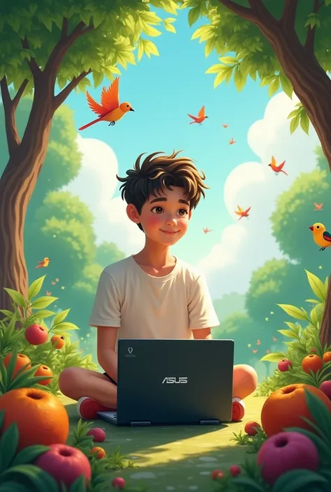 Orginality pic of A happy mind teenager with clean shave dreaming his beautiful heaven include , birds, siting under trees with asus tuff gaming laptop beautiful fruits  back wide view