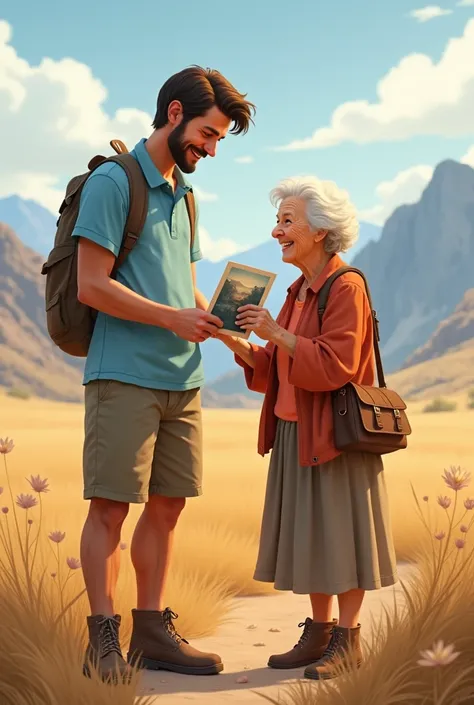 young man with light blue shirt, shorts and boots next to his grandmother showing a photo of a grandmother on a plain with mountains and hills