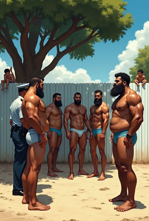 Five strong, hairy, muscular, bearded mixed-race men standing in their underwear with their hands raised behind their heads being searched by two police officers in a fenced-in lot with a white wall, Sandy ground, a big tree in the background. Two boys sit...