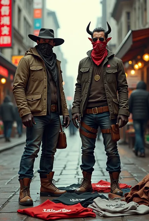 Dressed as bandits, Leo and Bull sell branded clothing on the floor of the street