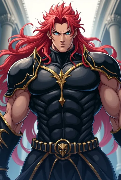 A male anime character, musclegirl, Bullish, of strong personality, with long red hair and light blue eyes, wearing Black Valkyrie armor with silver and gold details.