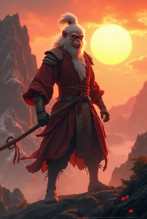 Black myth,sun woukong, monkey king, in a samurai suit , holding Ruyi Jingu Bang standing in mountain,hyper detailed , unreal - engine , flaming eyes, glowing detailed colorful background masterpeice, sunset detailed.cosmic particles 
Spike hairs and beard...