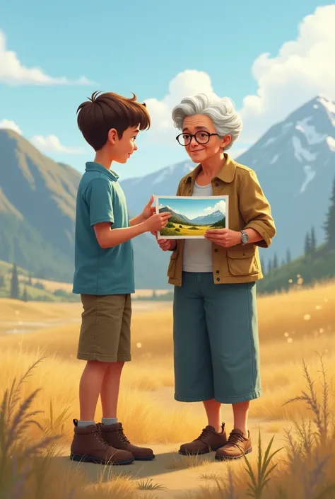 young teenager with light blue shirt, shorts and boots next to his grandmother showing a photo of a grandmother on a plain with mountains and hills