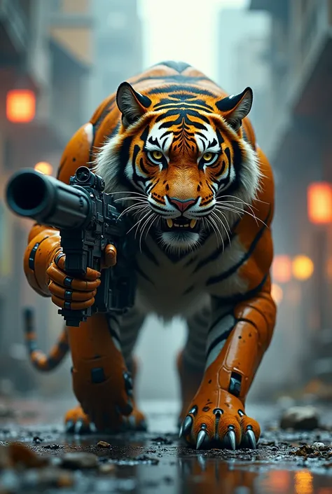 A tiger cyborg with fully loaded machine gun 