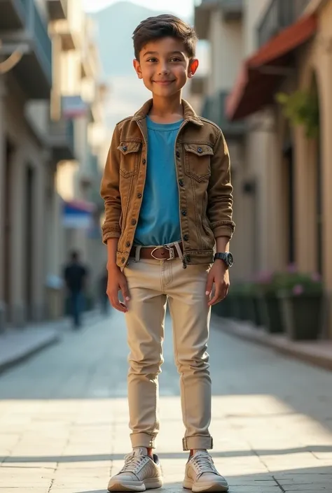 Boy in Skin pant , blue shirt with brown danim jacket full outfit 