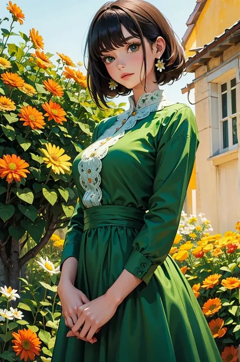 Girl in green dress, upper body, large colorful flowers