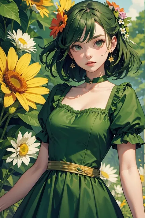 Girl in green dress, upper body, large colorful flowers