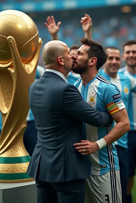 High-pitched sound GIANNI INFANTINO in a totally bald suit, Passionately kissing Messi next to the World Cup, Behind them, referees celebrating with Argentine players 