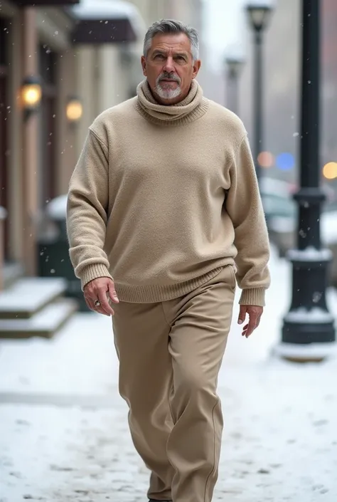 Beige long sleeve outfit combination for winter season for a 1m tall man.75 and weight 84 kg