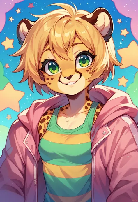 Anthropomorphic, cute, cheetah woman, short chic blonde hair, green eyes, hourglass, small breasts, colorful striped tank top, pink bomber jacket, cheerful smile, portrait, stars background