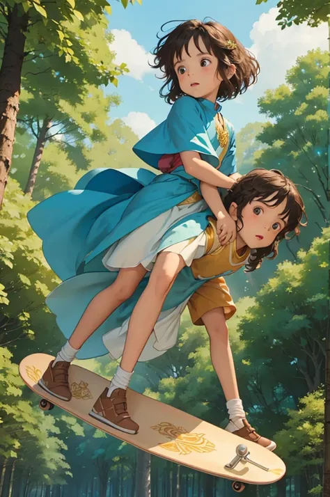 create the image in a forest with trees blue sky and flowers a prince with caramel skin cape, brown rabbit with honey-colored eyes riding a skateboard while carrying his princess with short brown curly hair in his arms , brown eyes and freckles on her face...