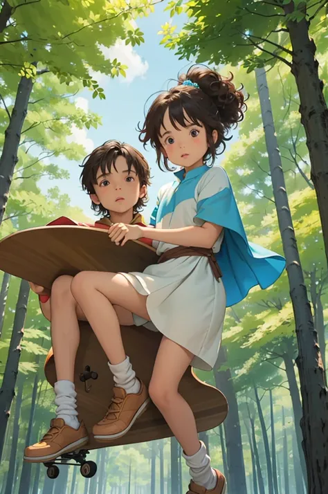 create the image in a forest with trees blue sky and flowers a prince with caramel skin cape, brown rabbit with honey-colored eyes riding a skateboard while carrying his princess with short brown curly hair in his arms , brown eyes and freckles on her face...