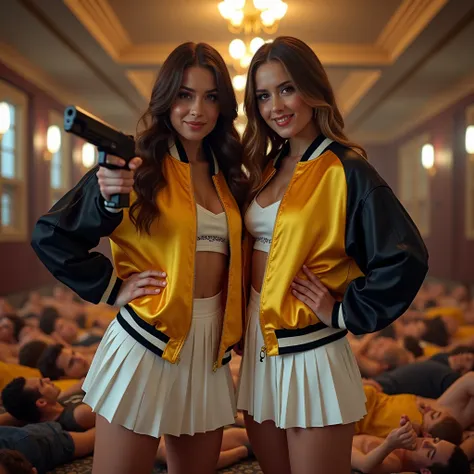 wide depth of field, wide depth of focus, f/11 lens setting, all objects in focus, full color image, 2 women holding pistol, holding a pistol, large fraternity house game room, full body image, (two tone yellow and black satin bomber jackets with white tri...