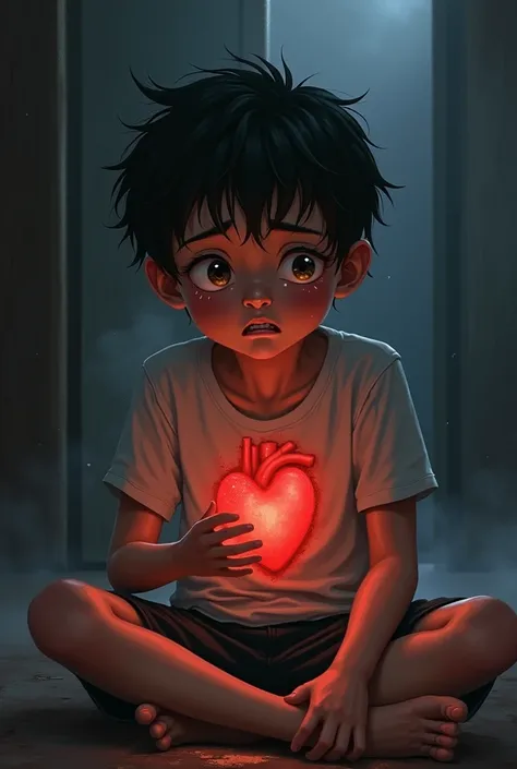 A boy sits with his heart out. His eyes are watering. 