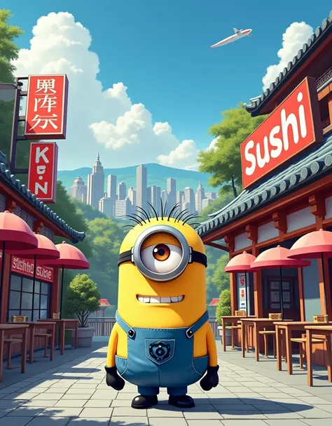 Minion Kevin standing in front of a famous sushi restaurant, above is a sushi restaurant in japan view from afar