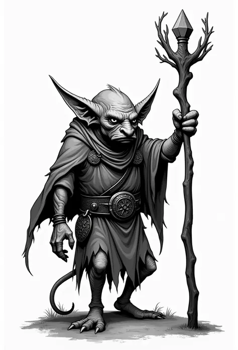 goblin black and white art, Shaman, simple staff in hand