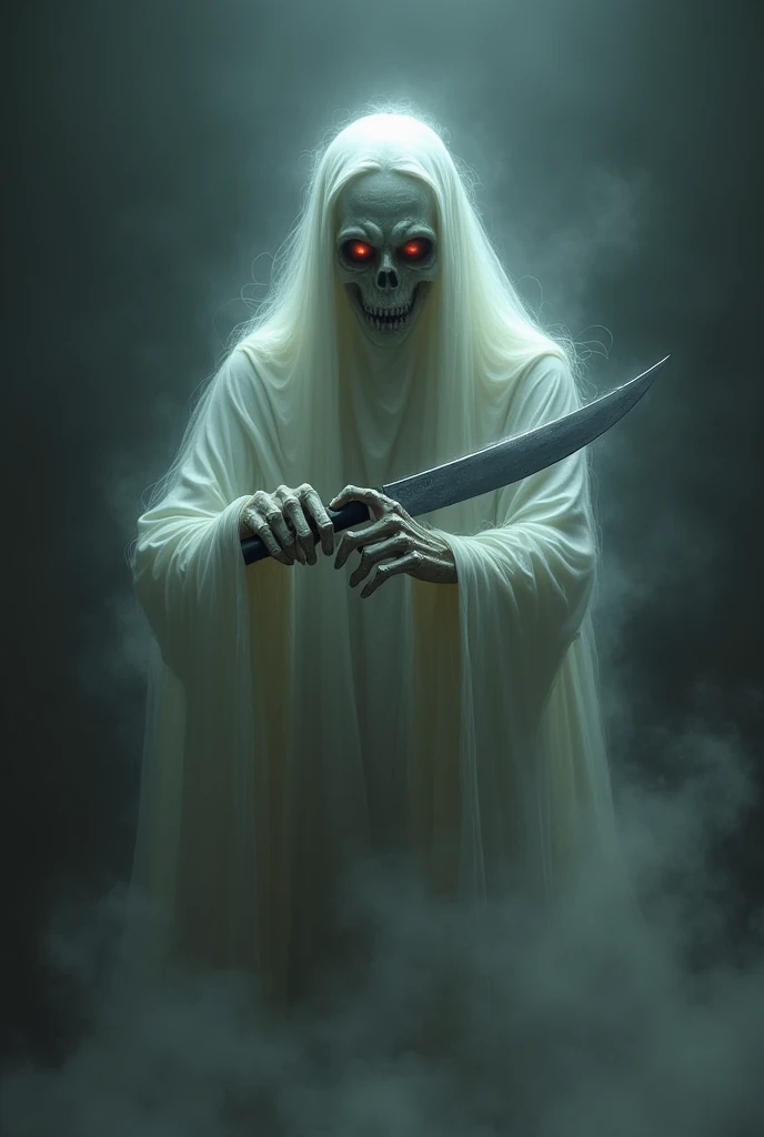 A ghost with creepy eyes hoding a knife 