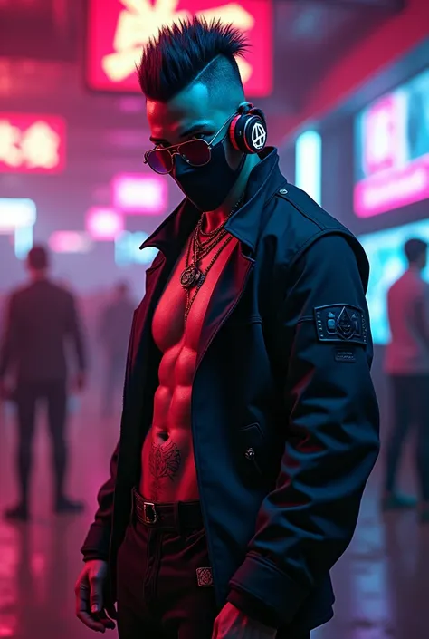 cyberpunk Man With ninja outfit, mohawk hair, anarchy mask, neon headphones and a sample abdomen with a semi-hidden tattoo, Nightclub background 