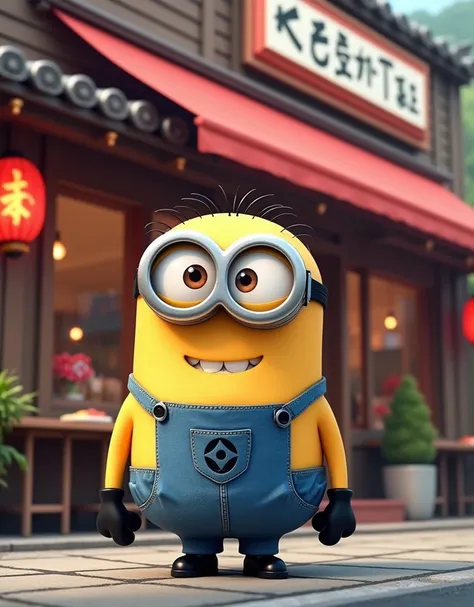 Minion Kevin . Kevin stands in front of a famous sushi restaurant., above is a sushi restaurant in japan view from afar