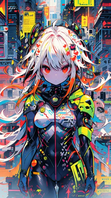 (SFW), intricate details, 1 girl, evening, (bright neon colors), ((flying over futuristic cyberpunk city)), detailed background, (little cyborg girl, ((perfect cute face, bright and shiny red eyes)), (perfect anatomy, small perky breasts), (Absurdly Long O...