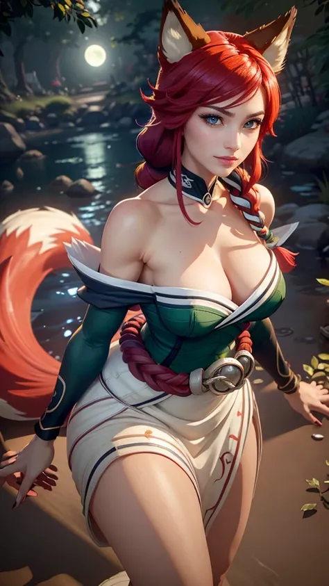 Ahri da league of legends,(best qualityer,4K,8k,high resolution, work of art:1.2)(weather: moonlight), Japanese female, spirit forest pond background, red and white long sleeve korean kimono dress, cleavage, spirit sphere, cute makeup, thigh high boots, be...