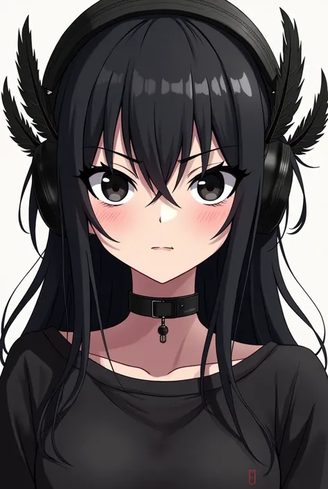 Rude anime drawing type girl with black plush headphones with three black feathers around long straight hair with black eyes