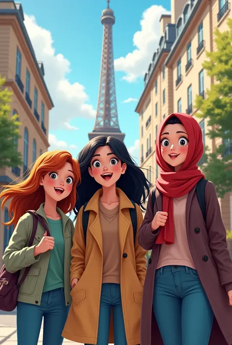 Create image of me and my friends. We are visiting paris.We are girls 

One friend is short in height and she have short hair looking blood
Iam a tall person and have long hair 
Other friend is medium in height and wear hijab 

 