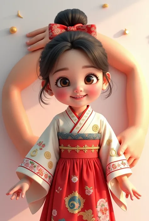 Create a Brazilian woman with a 3D arm background where she is wearing a traditional Japanese dress. It has to be full body and it must be a cute child. White background. 