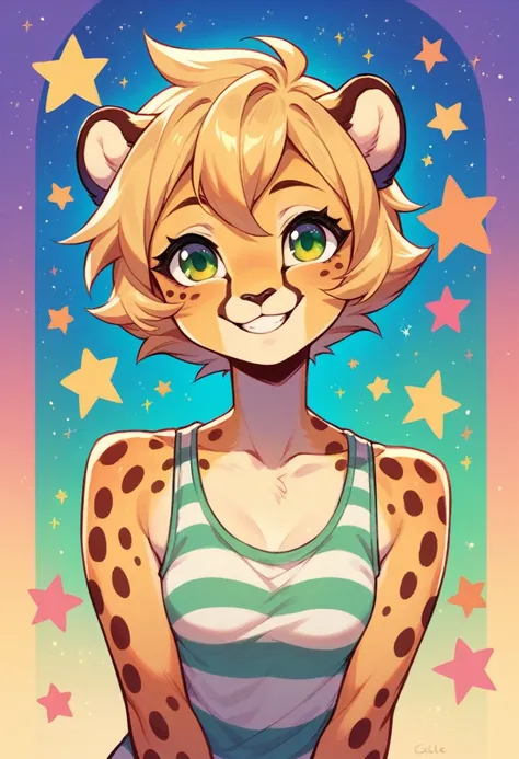 Anthropomorphic, cute, cheetah woman, short chic blonde hair, green eyes, hourglass, small breasts, colorful rainbow striped tank top, cheerful smile, portrait, stars background