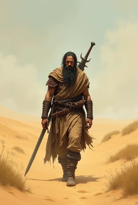 Ancient soldier walking alone far away in the desert 