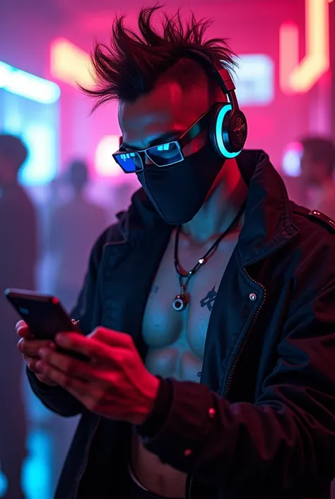 cyberpunk Man With cybernetic implants in his head and eyes, a relaxed face looking at his cell phone, With ninja outfit, mohawk hair, anarchy mask, neon headphones and a sample abdomen with a semi-hidden tattoo, Nightclub background 