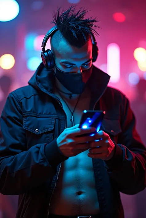 cyberpunk Man With cybernetic implants in his head and eyes, a relaxed face looking at his cell phone, With ninja outfit, mohawk hair, anarchy mask, neon headphones and a sample abdomen with a semi-hidden tattoo, Nightclub background 