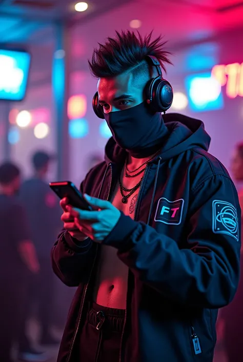 cyberpunk Man With cybernetic implants in his head and eyes, a relaxed face looking at his cell phone, With ninja outfit, mohawk hair, anarchy mask, neon headphones and a sample abdomen with a semi-hidden tattoo, Nightclub background 