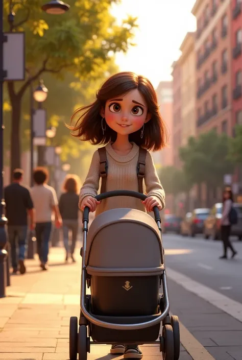 Create what the character Riley from Inside Out 2 would look like but with medium brown hair, neither long nor short if I were on the street pushing a baby stroller 