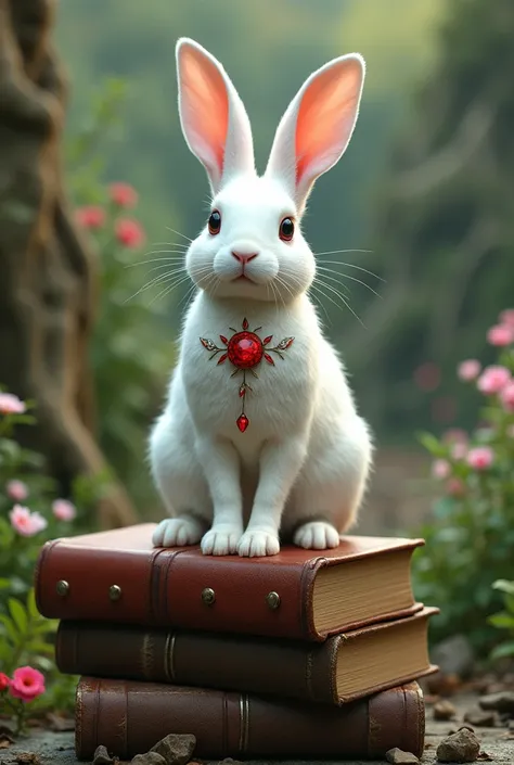 Albino rabbit on top of books, nature and a ruby tattoo 
