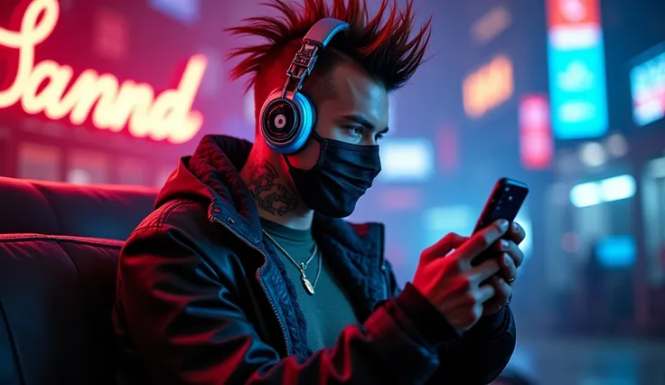 cyberpunk Man With cybernetic implants in his head and eyes, a relaxed face looking at his cell phone, With ninja outfit, mohawk hair, anarchy mask, neon headphones and a sample abdomen with a semi-hidden tattoo, Nightclub background 