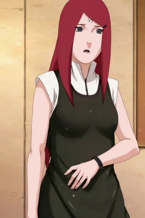 (Kushina Uzumaki1),(Woman1),(Solo), Kushina is a woman known for her beauty. She had a thin but feminine face, fair skin, blue eyes, long bright red hair, and a black clip that left part of her hair to the left.(Wearing),+,(bikini)