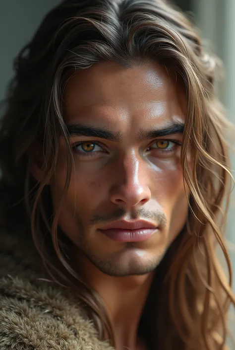 man who is 21 years, white norwegian male, masculine features, the most beautiful man, long brown hair, hunting amber eyes, greek god beauty, ethereal beauty,hunter eyes, hot body, sexy, passionate, V chin, L shape jawline, hollow cheeks, high set cheekbon...