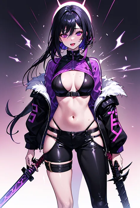 Sunburned skin,Sexy woman,Black hair purple eyes,Long Tongue,Belly-baring jacket,Shortcuts, Gradient color hairstyle, Textured skin, Highest quality, Demon Sword,Cobra