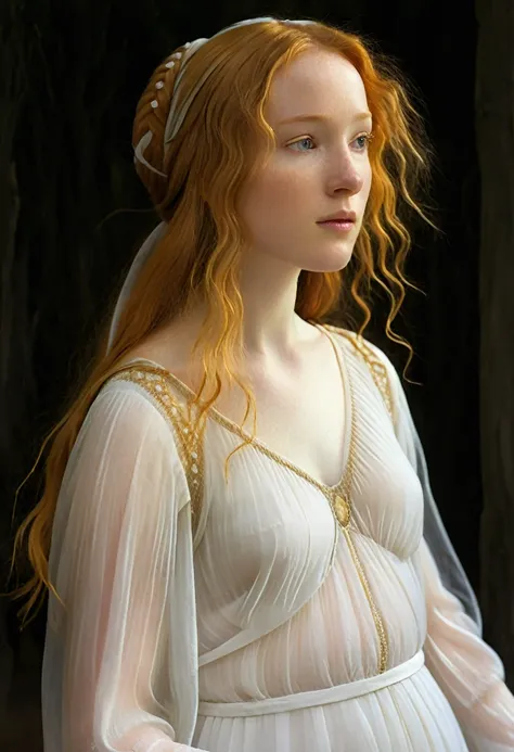 A delicate tableau: a lone girl, her long ginger locks flowing like a river of silk, wears a pristine white dress that seems to shimmer with an ethereal glow. The fabric appears almost translucent, like gossamer, as if the very essence of light has been wo...