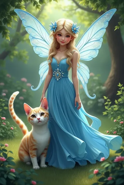 A fairy wearing a sky blue dress, with cat