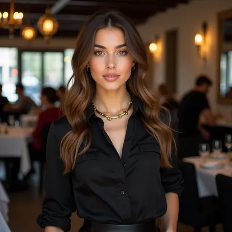 modern young woman, 2, light brown hair, brown eyes, delicate face, natural breasts, wide hips, influencer, black shirt, black skirt, gold necklace, in a restaurant in Paris