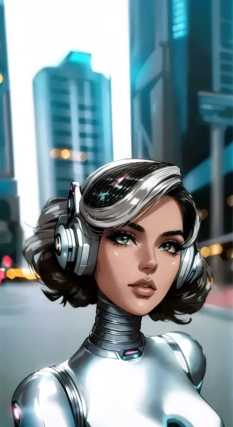 there is a woman in a silver suit with headphones., futuristic look, futuristic style, cyborg model, futuristic hairstyle, barbi...