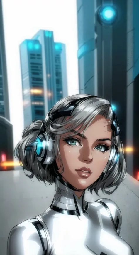 there is a woman in a silver suit with headphones., futuristic look, futuristic style, cyborg model, futuristic hairstyle, barbi...