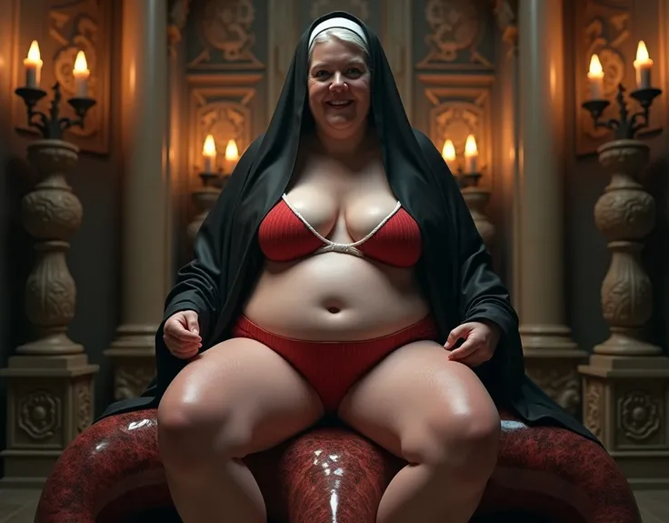 elderly 80yo woman on an old churche, dressed as a latex nun , white red latex bikiny, a joking smile, marble statue, plump, dark octane render, candle lamp lighting, baroque, european, mandala, side view from below, anatomically correct, big full breasts,...