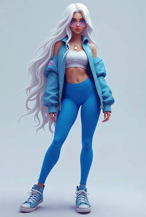 fortnite style girl, long white hair, Broad Hips, blue colored eyes, Wearing allstar sneakers, glasses, top azul cobalto sexy legging preta justa, fully body
