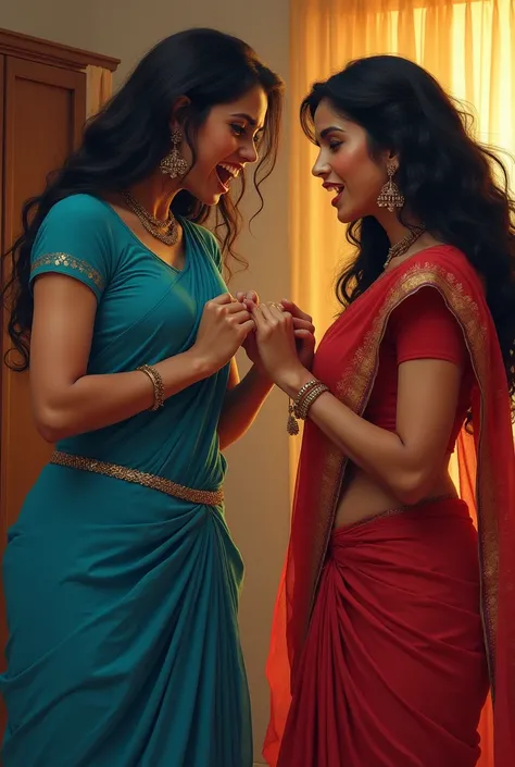 One woman in blue saree blouse and blue petticoat and another woman in red saree  blouse and red petticoat  pull each others hair in bedroom