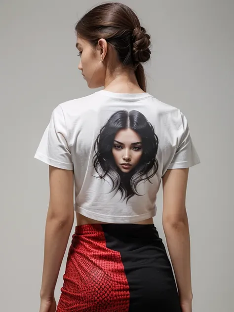 A strikingly stylish woman is seen from behind, confidently showcasing a uniquely designed red t-shirt that has never been seen before. The t-shirts back features intricate and avant-garde patterns, blending futuristic and artistic elements that make it a ...