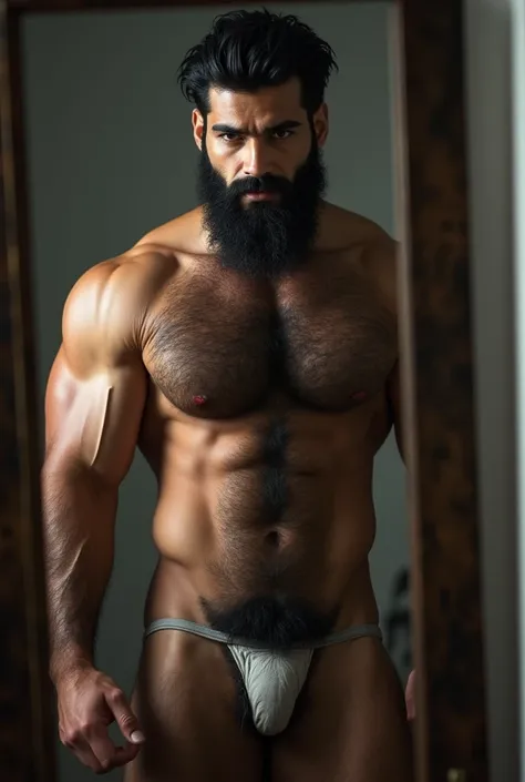 Young Iranian man strong hairy body, very hairy, bearded man in front of the mirror naked naked from the belly down, nakeness, showing hairy groin, pubic-hair, shell, sex-cover, only hip showing.