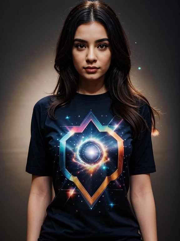 A strikingly stylish woman wearing custom designed tshirt, tshirt has universe design, elements of universe on tshirt